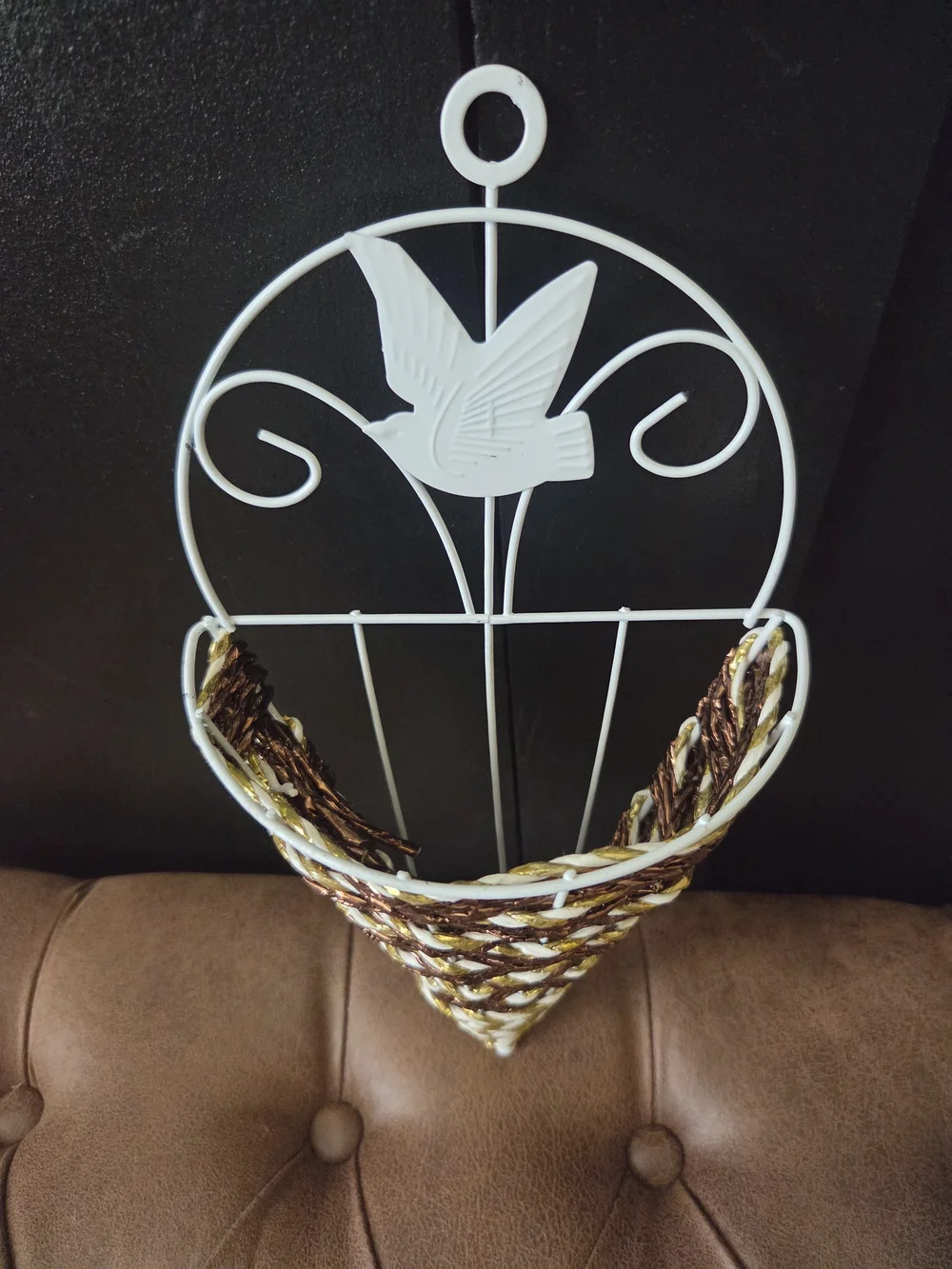 White Metal & Brown Woven Cone Wall Planter With Gold Accents